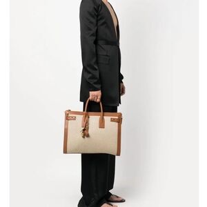 Yves Saint Laurent Tan and Cream Leather-Trimmed Canvas Briefcase Tote